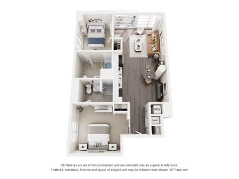 A 3D floor plan of a house with a kitchen, living room, and two bedrooms.